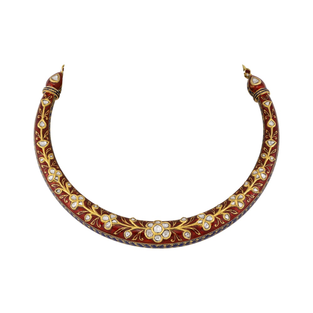 Floral Hasli with Uncut Polki & Red Enamel Detailing